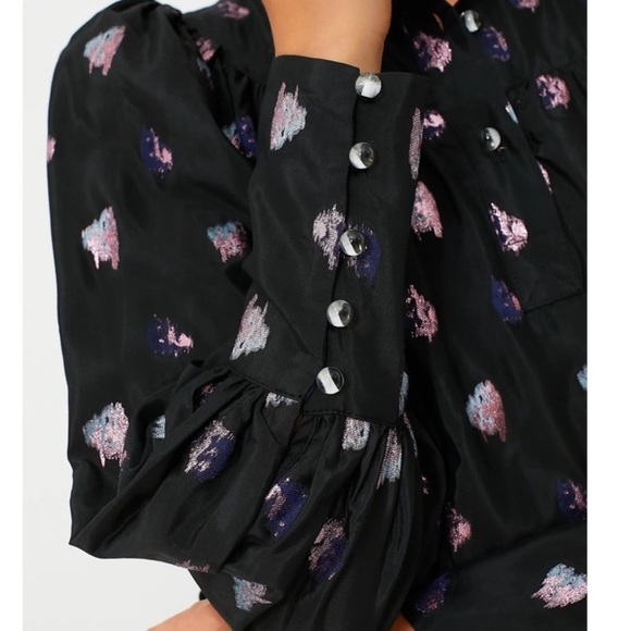 Tuckernuck Black Pink Blurred Dot Fil Coupe Corrigan Blouse Button Sleeve - Picture 4 of 10